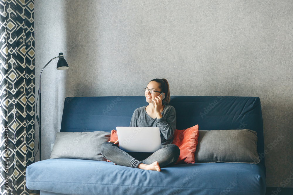 A girl works from home