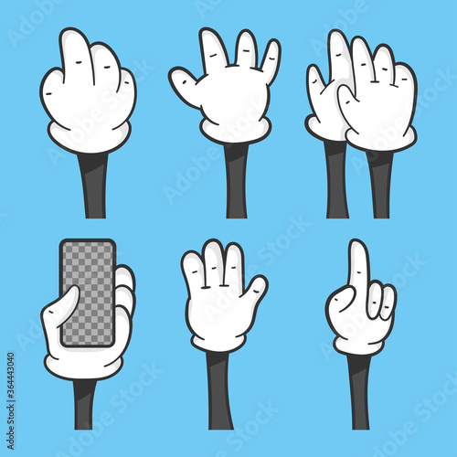 Cartoon hands in gloves with different gestures vector set isolated on background.