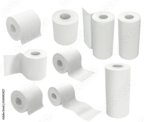 Toilet paper roll isolated on white background. Mock up package vector illustration in 3d realistic style. Set of hygienic tissues and kitchen towels