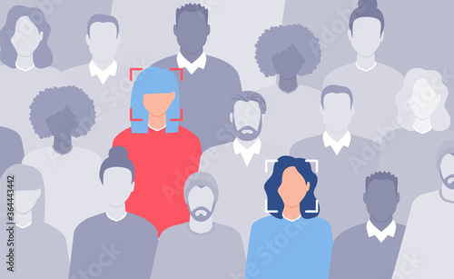 Face recognition concept. Vector illustration. Men and women faces scanning. 