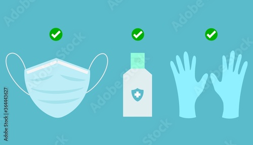 Hand drawn illustration set of medical face mask, sanitizer and gloves, clean and hygiene, safety and protection against corona virus