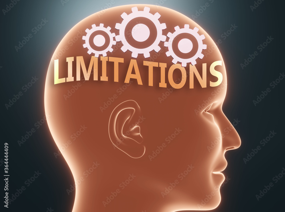 Limitations inside human mind - pictured as word Limitations inside a head with cogwheels to symbolize that Limitations is what people may think about, 3d illustration