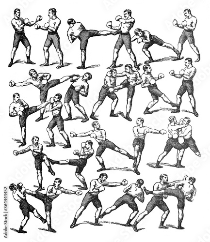Boxing exercises and positions of fighting / Vintage and Antique illustration from Petit Larousse 1914	