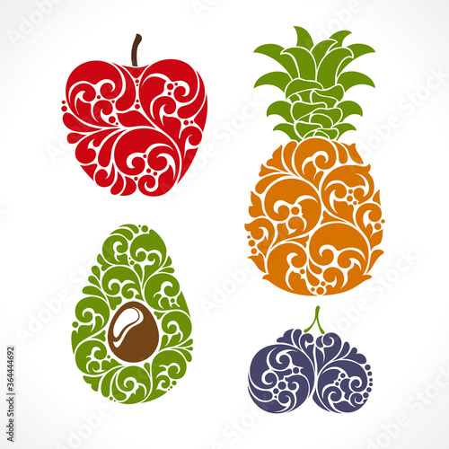 Apple, pineapple, plums, avocado color vector illustration isolated on white background