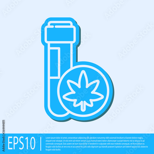 Blue line Chemical test tube with marijuana or cannabis leaf icon isolated on grey background. Research concept. Laboratory CBD oil. Vector Illustration.