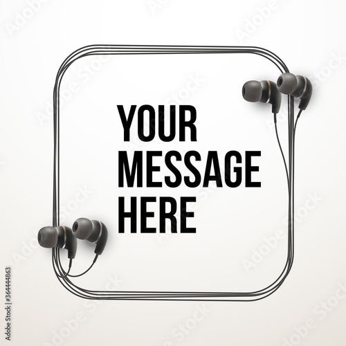 Innovative vector music quotation template in headphones quotes on the White backdrop. Creative vector banner illustration with quote in a frame with Black quotes. Template modern headset design.