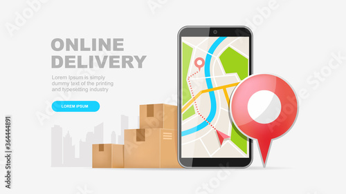 Online delivery service concept. For use in a landing page, company presentation, banner, poster, flyer.  Vector graphic.