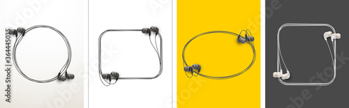 Innovative music quotation template speech bubble set in headphones quotes isolated on backdrop. Creative banner illustration set with quote frame wire with quotes headset modern design cloud remark