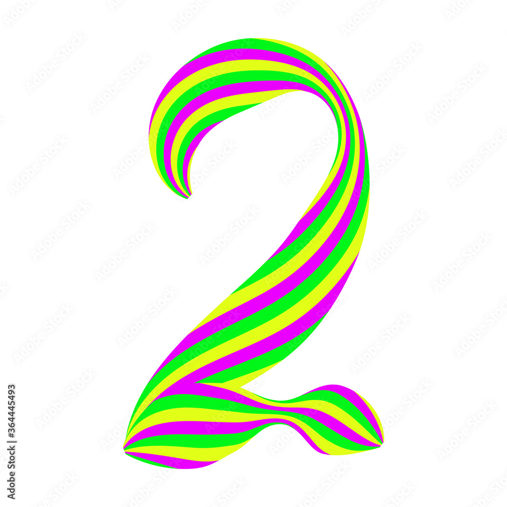 Number 2 made from caramel candy isolated on white. Font made of curved colored stripes. Festive handwritten font for fun congratulatory text. Vector EPS 10.