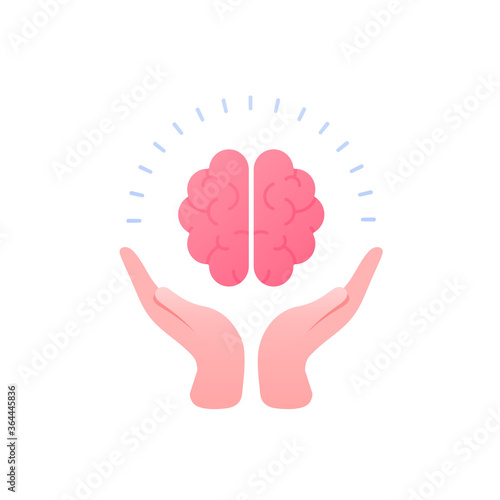 Psychology, emotion and psychotherapy concept. Vector flat illustration. Mental health treatment metaphore. Human hand hold human brain. Logotype template. Design for banner, web, logo.