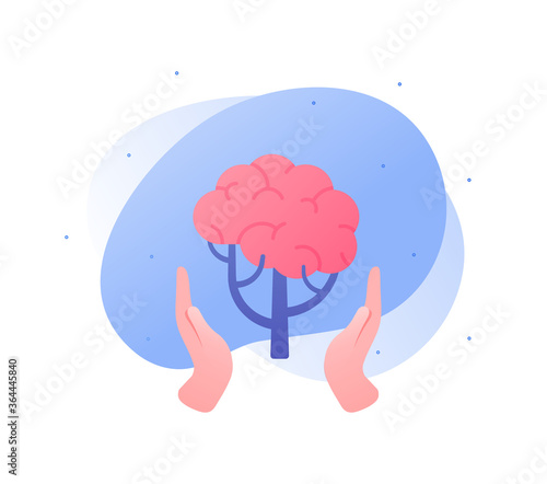 Psychology, emotion and psychotherapy concept. Vector flat illustration. Mental health treatment metaphore. Human hand hold human tree with brain symbol. Design for banner, web, logo.