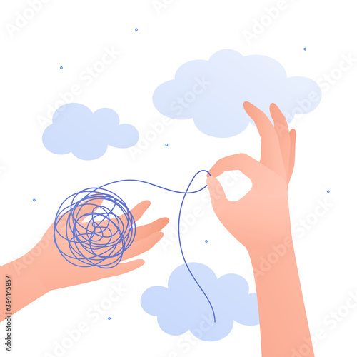 Psychology, emotion and psychotherapy concept. Vector flat illustration. Mental health treatment metaphore. Human hand untangle tangeled thread. Design for banner, web.