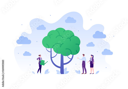 Psychology, emotion and psychotherapy concept. Vector flat person illustration. Mental health treatment session metaphore. Woman psychologist with watering can water brain tree. Design for banner, web