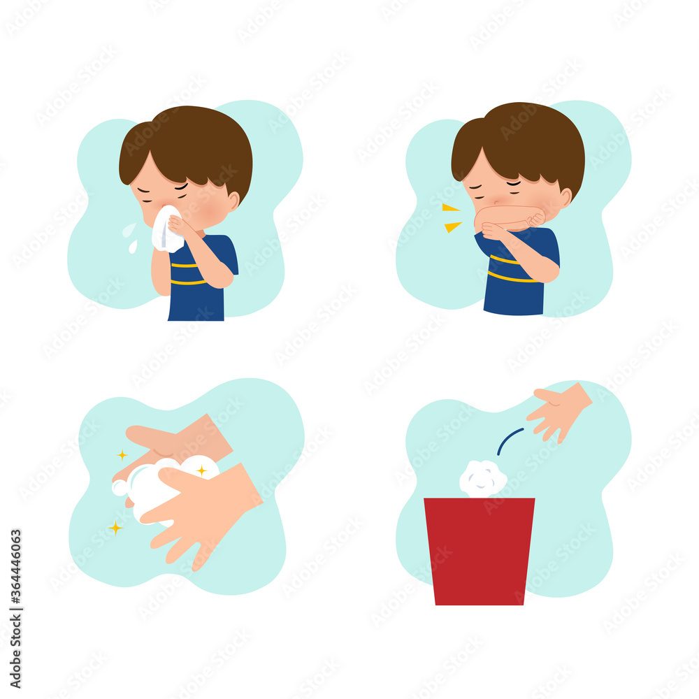 Boy showing cough and sneeze etiquette in public place. Illustration tips for corona virus prevention. Flat style vector cartoon isolated on white. Boy showing cough and sneeze etiquette in public place. Illustration tips for corona virus prevention. Flat style vector cartoon isolated on white.