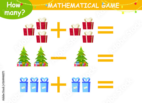 mathematical examples for children for addition and subtraction with a Christmas tree, gifts, balls and flashlights