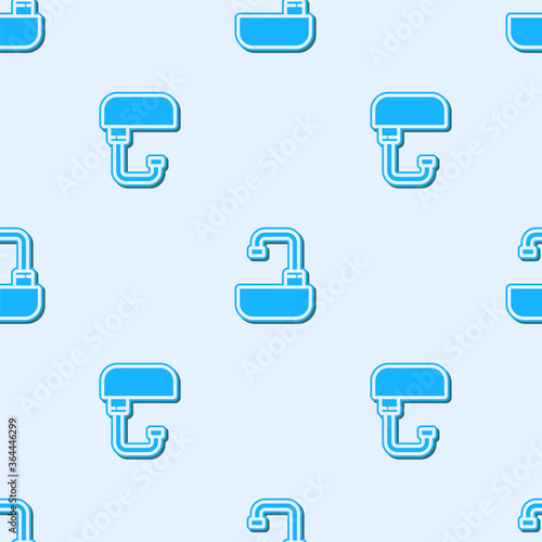 Blue line Washbasin with water tap icon isolated seamless pattern on grey background. Vector Illustration.