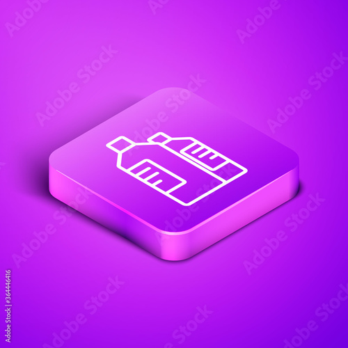 Isometric line Plastic bottles for laundry detergent, bleach, dishwashing liquid or another cleaning agent icon isolated on purple background. Purple square button. Vector Illustration.