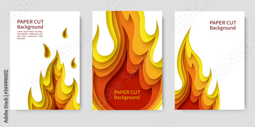 Set of white posters with fire. Layered design in paper style. Place for text. Vector illustration