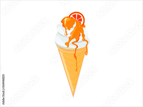 The ice cream with orange jam and a slice of mandarin top in waffle cone. Vector illustration for design.