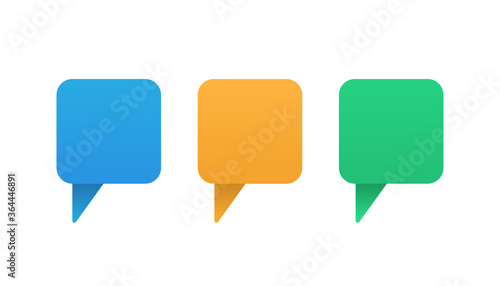Speech message in bubble style. Blue, orange and green gradient chat dialogue. Square baloon conversation template. Blank text messaging mockup. Editable comment dialog. Vector EPS 10.