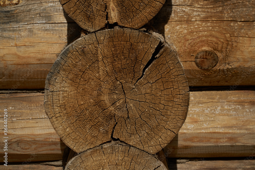 A wall made of natural wood of different sizes and shapes, Log house or barn, textured horizontal walls A wall made of natural wood of different sizes and shapes, Log house or barn, textured horizontal walls