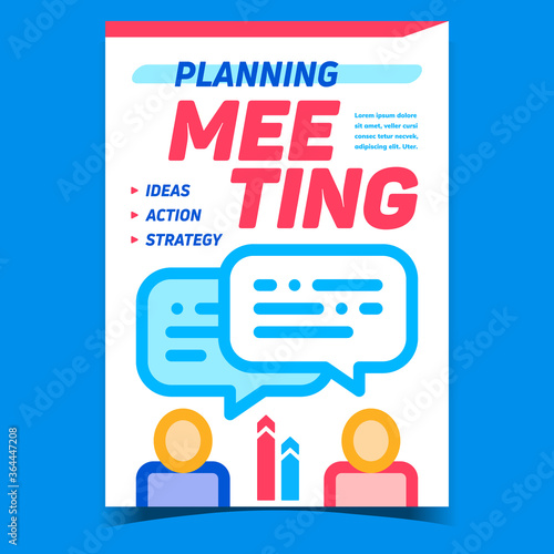 Meeting Planning Creative Promo Banner Vector. Human Colleagues Discussing And Planning About Ideas, Action And Company Strategy Advertising Poster. Concept Layout Stylish Color Illustration