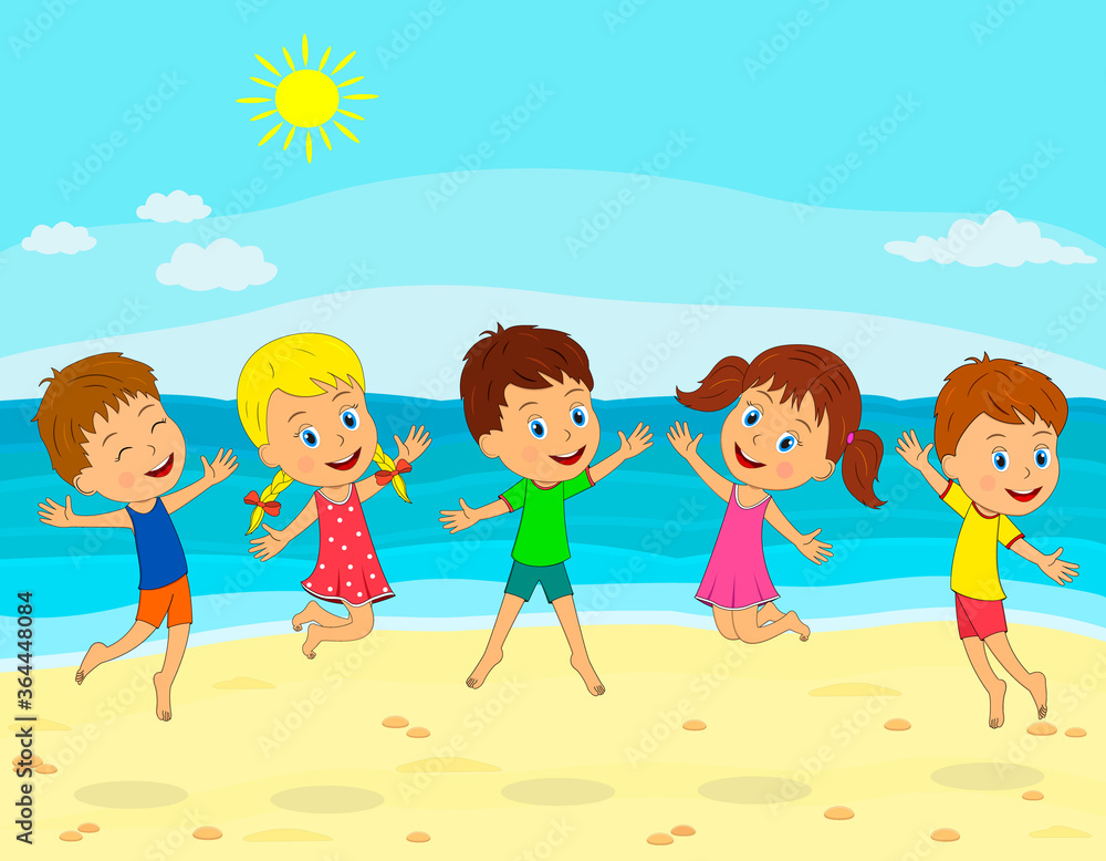 kids, boy and girl play and jump on the summer beach ,illustration,vector kids, boy and girl play and jump on the summer beach ,illustration,vector