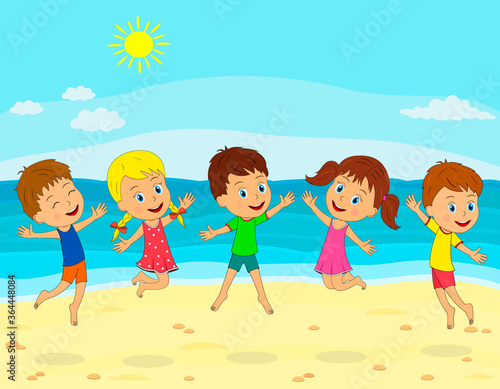 kids, boy and girl play and jump on the summer beach ,illustration,vector © Irina