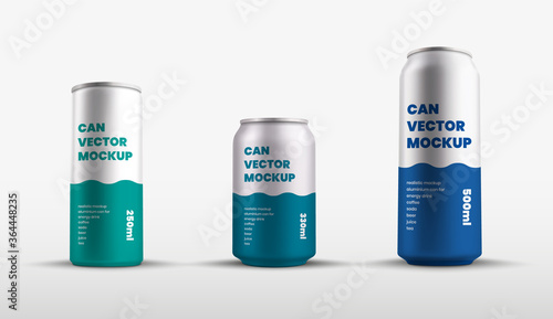 Mockup of vector tin cans with presentation of color design, aluminum water bottle.