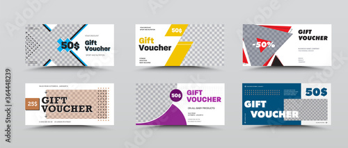 Layout of white gift vouchers with geometric color design and place for a photo, certificate for the store.