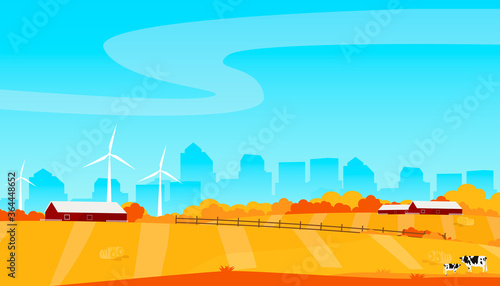Rural life away from the city. A farm with fields, cows and a hangar. Autumn farm with city power in the distance. Farm life. Vector illustration.