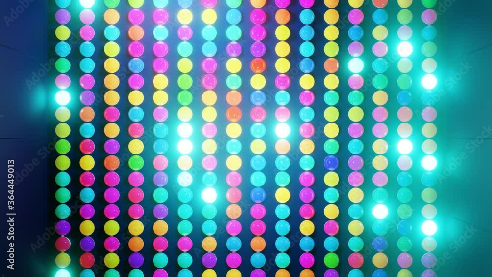 Abstract composition of colorful balls in plane, which randomly light up and reflect in each other. Multicolored spheres like leds as simple geometric dark background with light effects. Abstract composition of colorful balls in plane, which randomly light up and reflect in each other. Multicolored spheres like leds as simple geometric dark background with light effects.