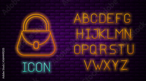 Glowing neon line Handbag icon isolated on brick wall background. Female handbag sign. Glamour casual baggage symbol. Neon light alphabet. Vector Illustration.