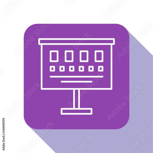 White line Eye test chart icon isolated on white background. Poster for vision testing in ophthalmic study. Snellen chart. Purple square button. Vector Illustration.