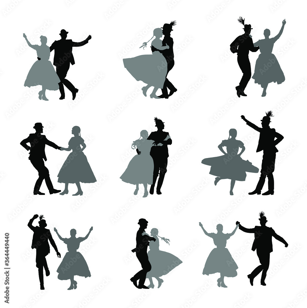 Hungarian csardas folk dancers couple in love vector silhouette. Germany folklore October fest actors. Austrian traditional wedding culture from East Europe. Balkan dancing. Woman and man festival.  - obrazy, fototapety, plakaty 