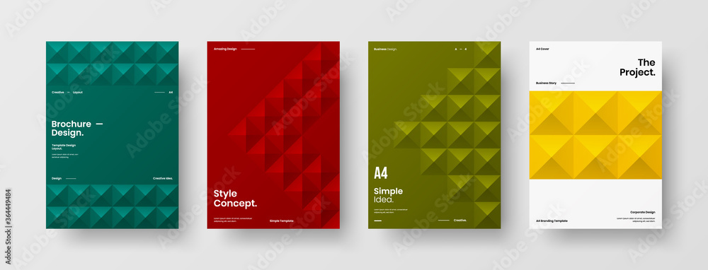 Fototapeta premium Company identity brochure template collection. Business presentation vector A4 vertical orientation front page mock up set. Corporate report cover abstract geometric illustration design layout bundle.