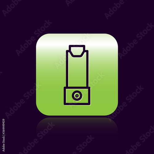 Black line Inhaler icon isolated on black background. Breather for cough relief, inhalation, allergic patient. Green square button. Vector Illustration.