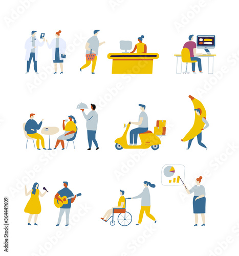 Flat people vector set. Occupations, professions. waiter, programmer, doctor, cashier, singer, musician, nurse, courier, house painter, cleaning lady, hairdresser