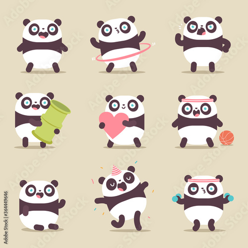Cute panda characters vector cartoon set isolated on background.