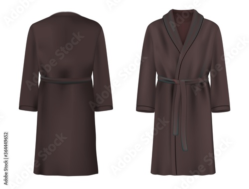 Black bathrobe mockup set, vector illustration isolated on white background. Realistic soft terry bathrobe or dressing gown for spa and bathroom, front and back view.