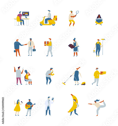 Flat people vector set. Occupations, professions. waiter, programmer, doctor, cashier, singer, musician, nurse, courier, house painter, cleaning lady, sportsman
