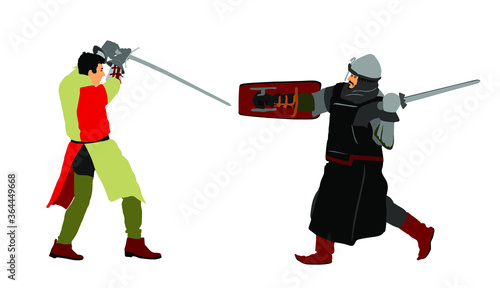 Knights in armor with sword fight vector illustration isolated on white. Medieval fighter in battle. Hero protects castle walls. Armed man defend honor of family and people. Protect country against en
