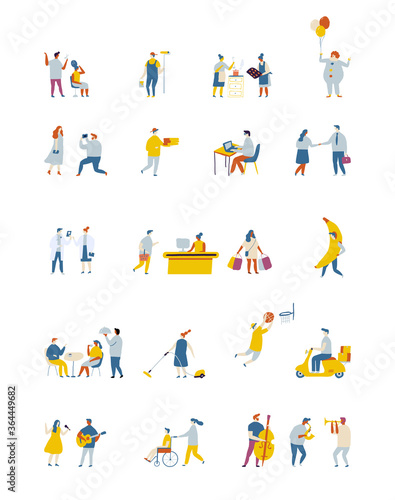 Flat people vector set. Occupations, professions. waiter, programmer, doctor, cashier, singer, musician, nurse, courier, house painter, cleaning lady, hairdresser