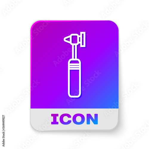 White line Medical otoscope tool icon isolated on white background. Medical instrument. Rectangle color button. Vector Illustration.