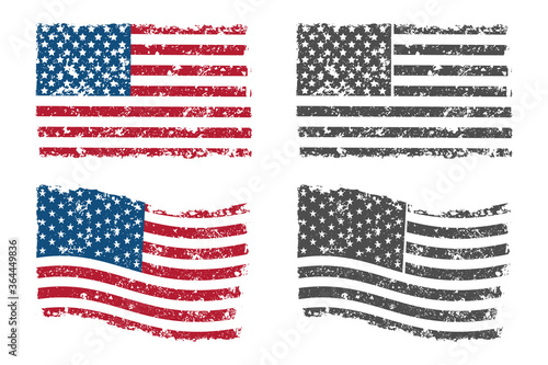 Grunge American flag vector set isolated on a white background.