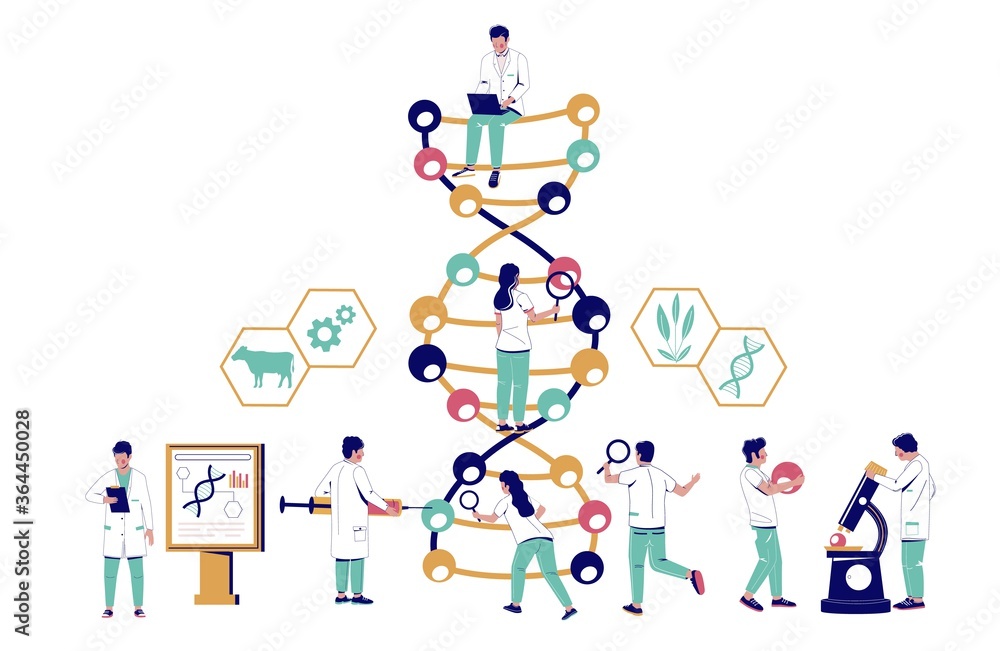 Dna research, vector flat illustration. Scientists studying genes in biotechnology science lab. Dna study, testing. Genetic engineering, genetic modification technology.