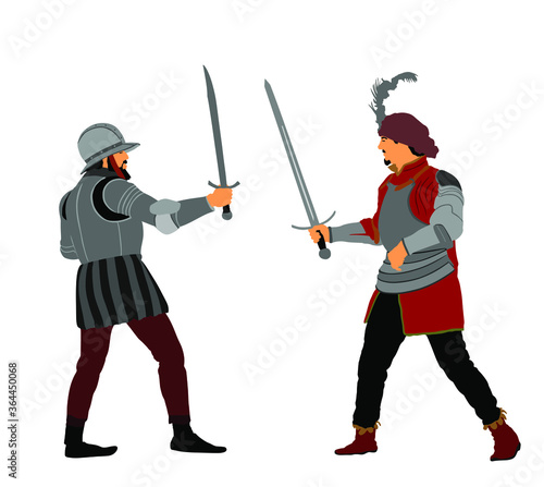 Knights in armor with sword fight vector illustration isolated on white. Medieval fighter in battle. Hero protects castle walls. Armed man defend honor of family and people. Protect country against en