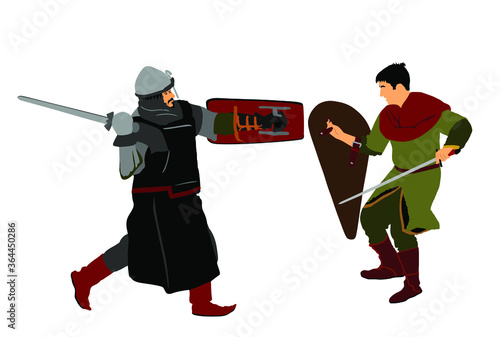 Knights in armor with sword fight vector illustration isolated on white. Medieval fighter in battle. Hero protects castle walls. Armed man defend honor of family and people. Protect country against en