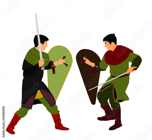 Knights in armor with sword fight vector illustration isolated on white. Medieval fighter in battle. Hero protects castle walls. Armed man defend honor of family and people. Protect country against en