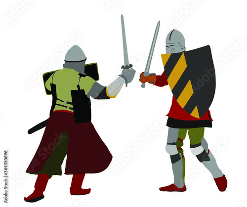 Knights in armor with sword fight vector illustration isolated on white. Medieval fighter in battle. Hero protects castle walls. Armed man defend honor of family and people. Protect country against en